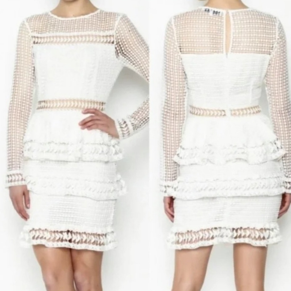NWT Endless Rose White Ruffled Tiered Crochet Long Sleeve Dress